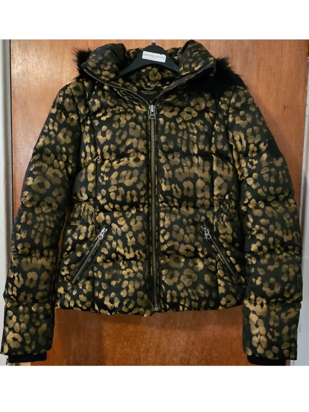 Vintage Juicy Couture S Leopard Down Detachable Faux Fur Hood Puffer Coat